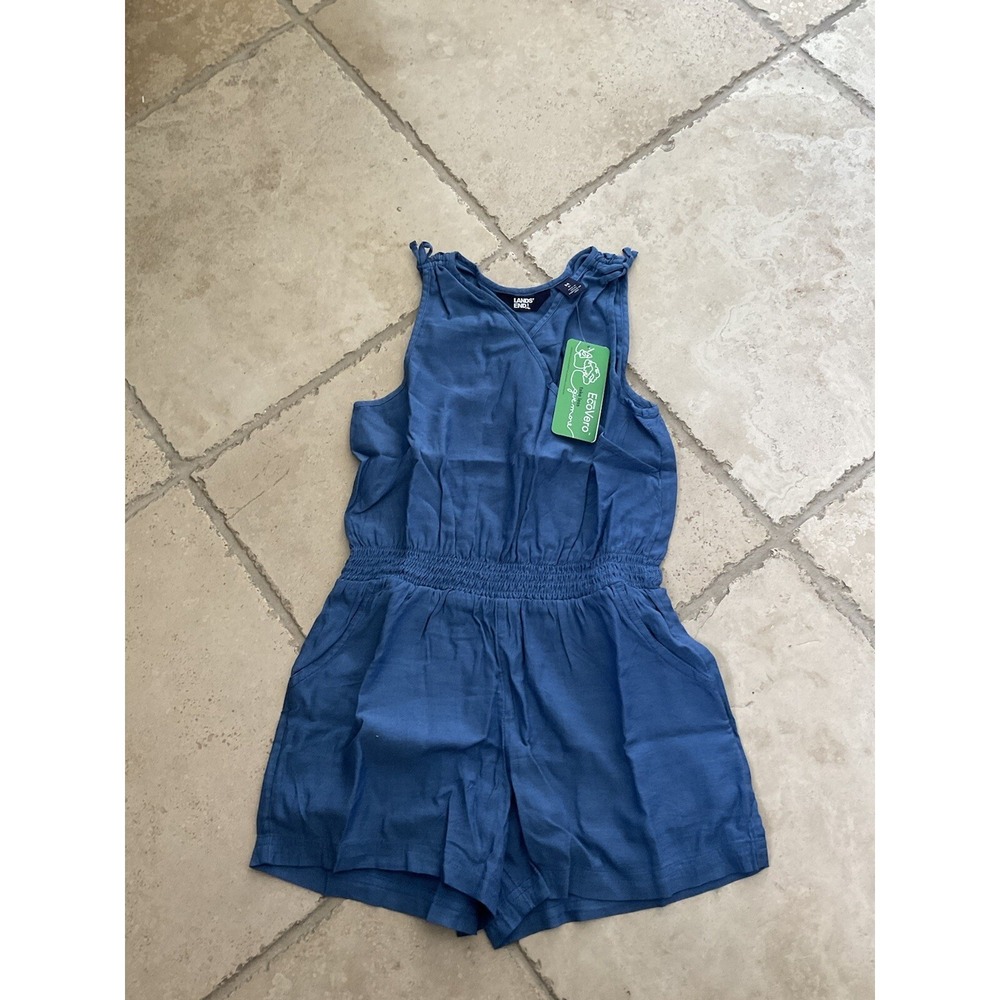 NEW Lands' End Blue Chambray Elastic Waist Romper; Girls‎ Size 8 Plus (M)